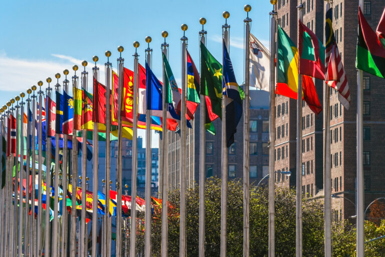 flags in front of UN building