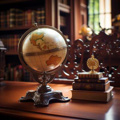 fancy globe sitting on a very expensive looking desk with lots of books in the background