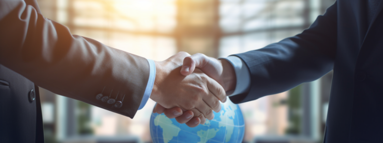two business professionals shaking hands with a globe in the background.