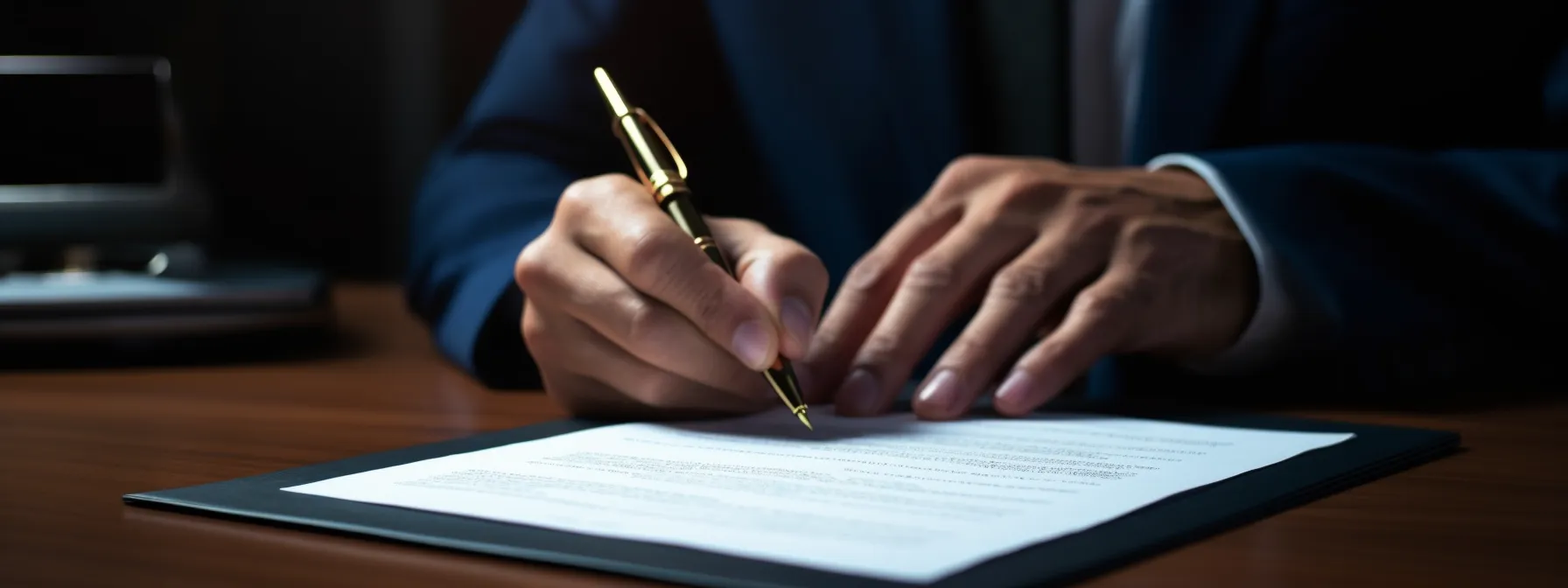 a businessman signing a contract with an arbitration clause included.
