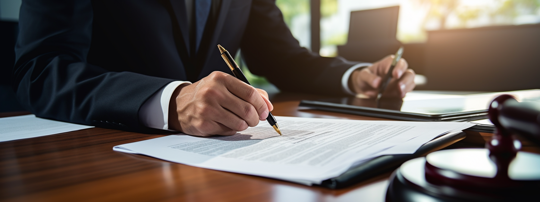 an international business lawyer confidently negotiates a contract between multiple parties, ensuring legal compliance and protection for all involved.