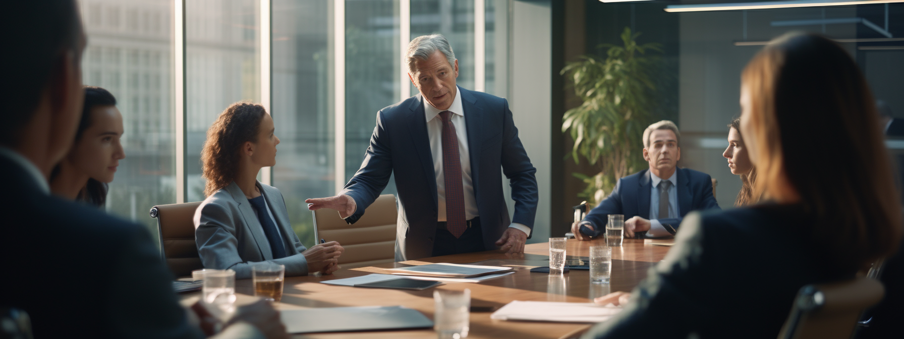 an international business attorney confidently guiding a group of professionals through complex legal and corporate affairs.