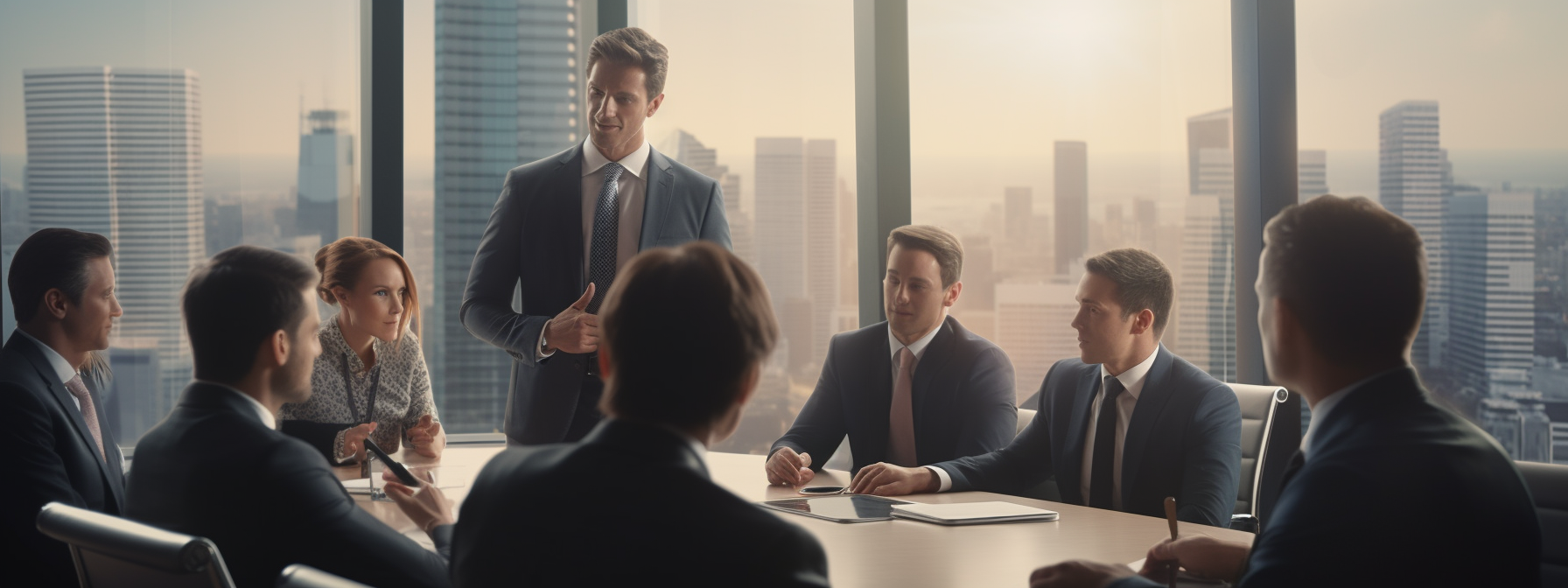 an international business attorney confidently guiding a group of businessmen through a global landscape.