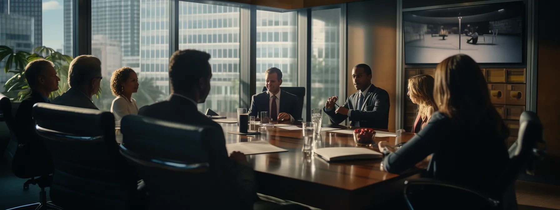 a group of lawyers discussing legal strategies and outcomes in a conference room.