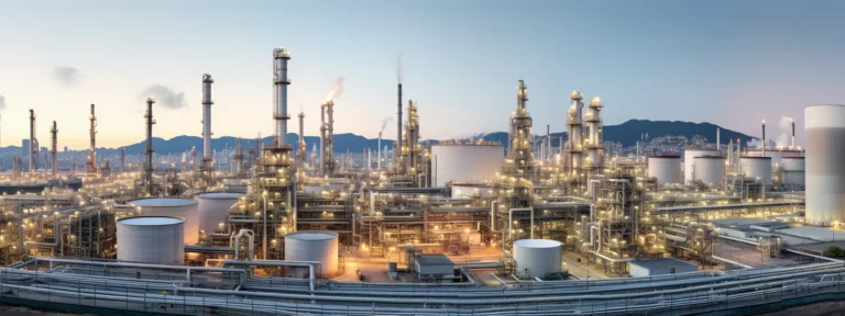 a panoramic view of a bustling oil refinery with numerous pipes, tanks, and structures conveying the complexity and scale of the global petroleum industry.