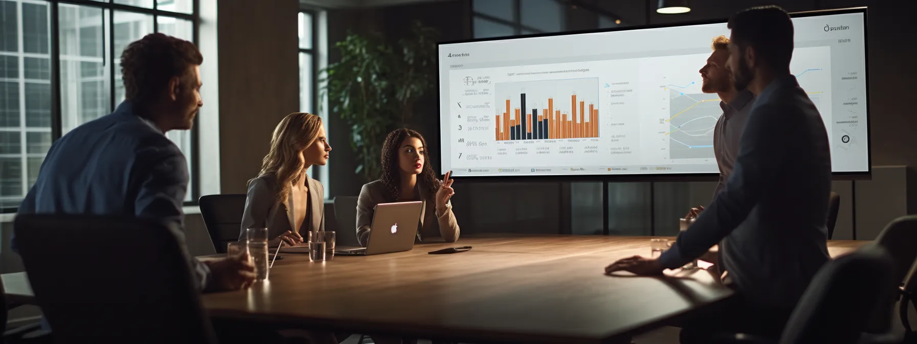 a group of business professionals engaged in a lively discussion, examining charts and graphs on a large digital screen considering mergers and acquisitions.