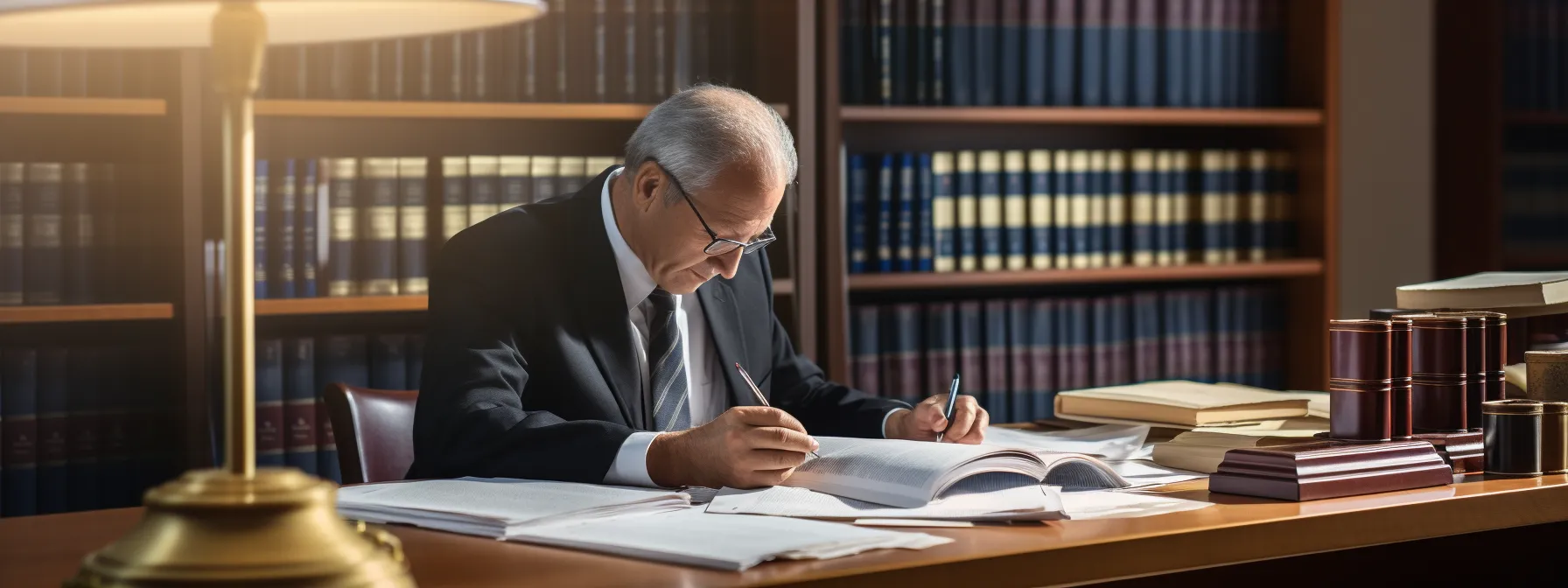 an arbitrator seated at a table, surrounded by books and legal documents, reviewing international intellectual property disputes.