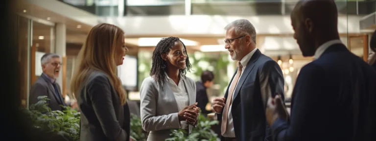 a diverse group of businessmen and businesswomen engaged in conversation and exchanging global trade ideas in a modern office setting.