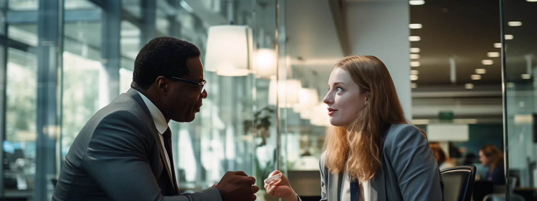 two individuals from different companies are engaged in a sincere conversation, demonstrating effective leadership and communication strategies to harmonize their distinct corporate cultures and possibilities of mergers and acquisitions.