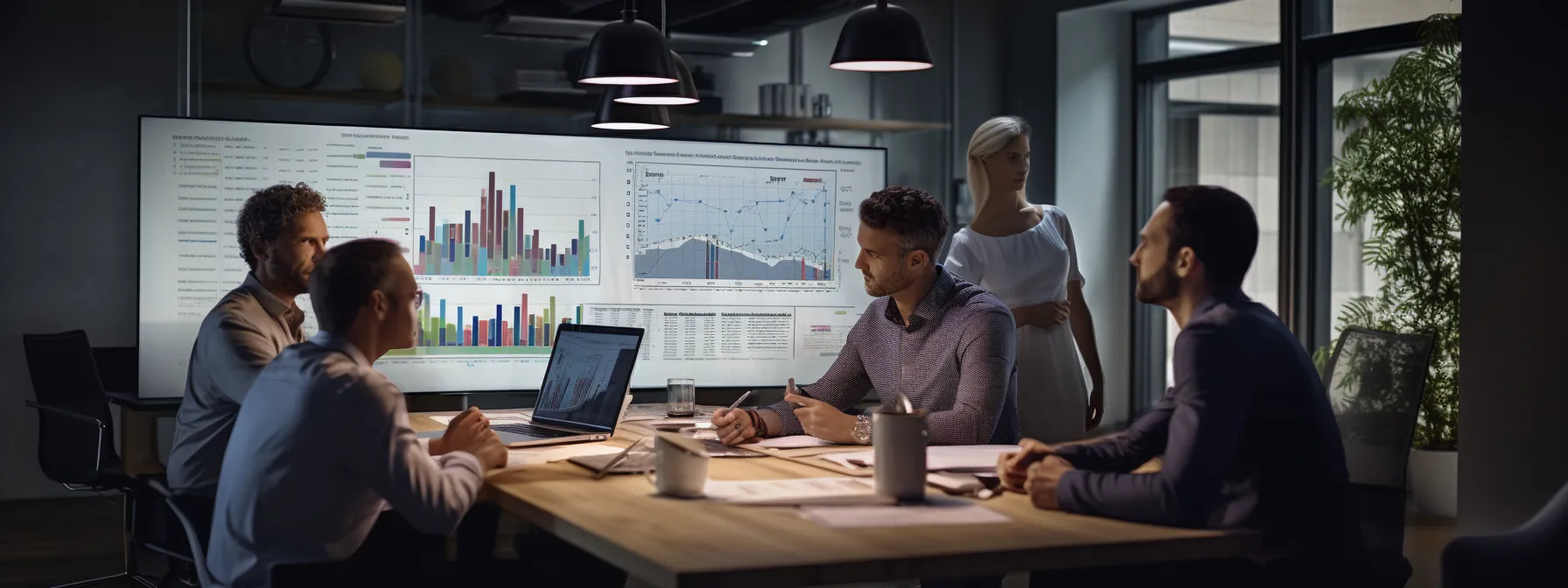a group of professionals gather around a table, examining and discussing charts and financial models in a bright and modern conference room involving mergers and acquisitions strategies.