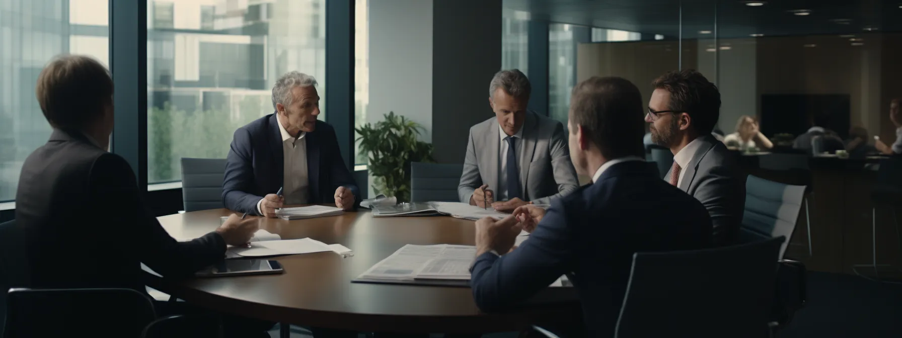 a group of lawyers discussing a contract agreement in a conference room.