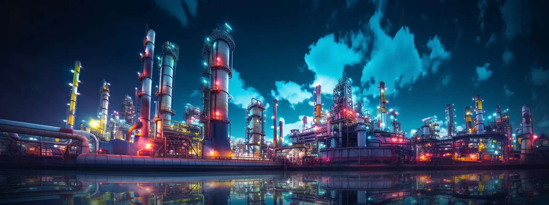 a futuristic refinery emitting vibrant colors and surrounded by advanced machinery, symbolizing the technological metamorphosis and transformation of the international petroleum industry.
