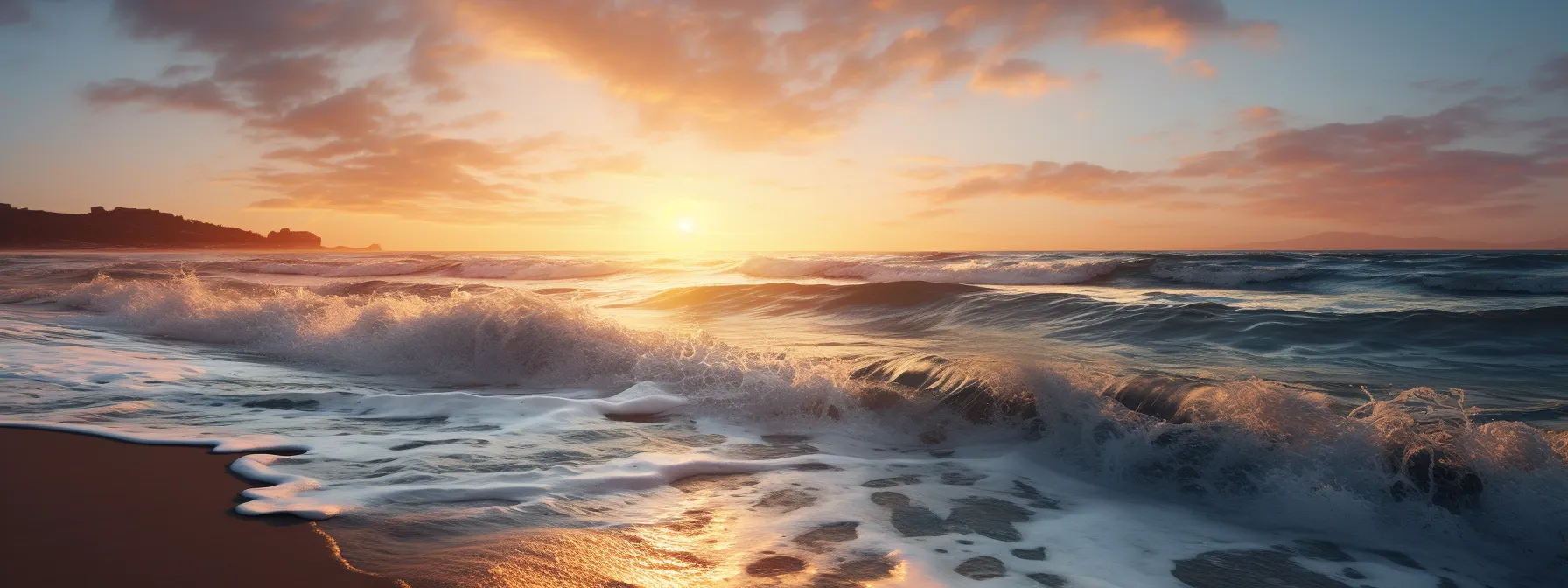 a beautiful sunset over a serene beach with waves crashing onto the shore.