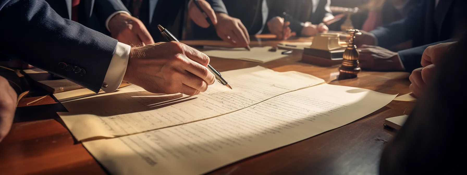 a group of lawyers examining ancient legal documents with intense focus.