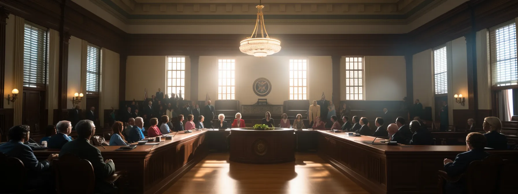 a courtroom with judges, lawyers, and parties engaged in a litigation process for financial disputes.