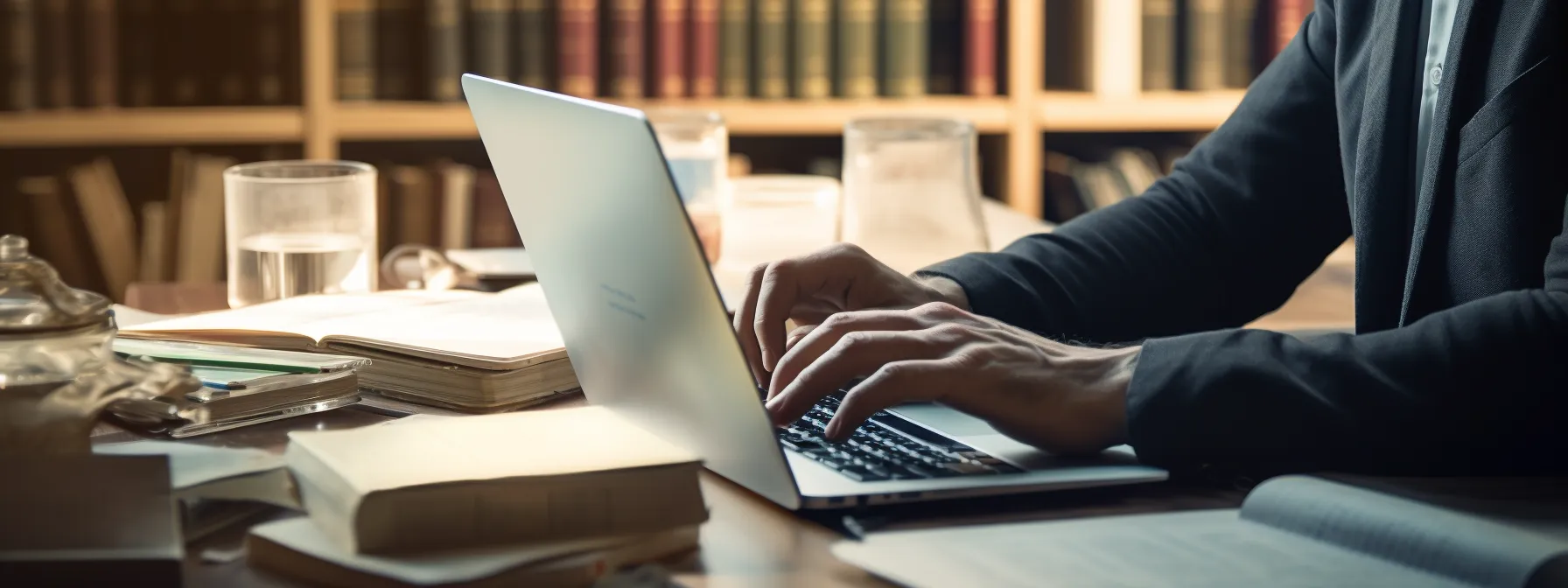 a person searching online for contract breach attorneys on a laptop, surrounded by papers and legal books.