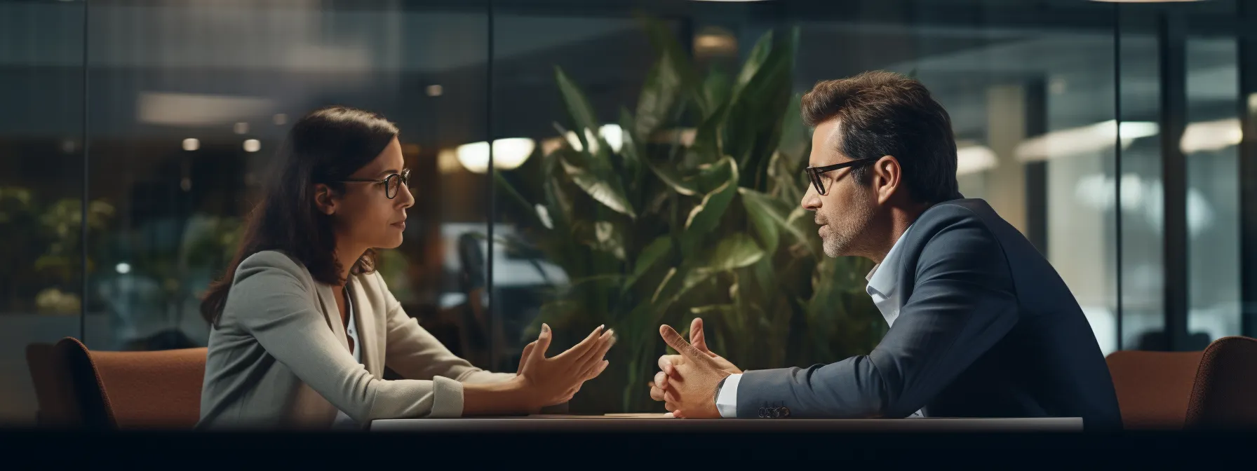 two professionals engaged in a focused negotiation, gesturing and discussing financial conflict management strategies.