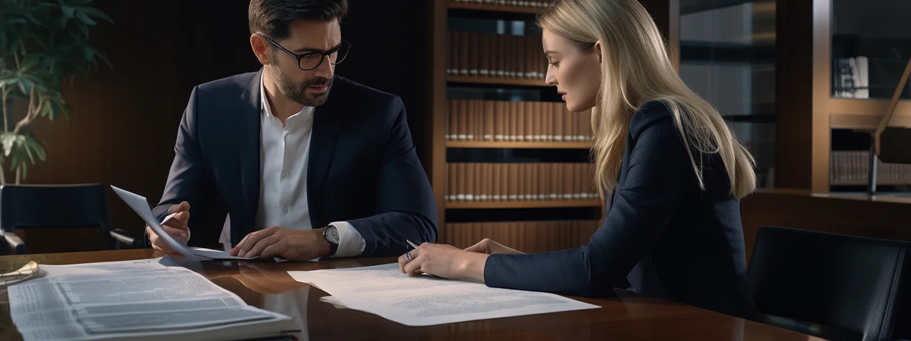 two legal professionals reviewing and discussing pertaining to mergers and acquisitions.
