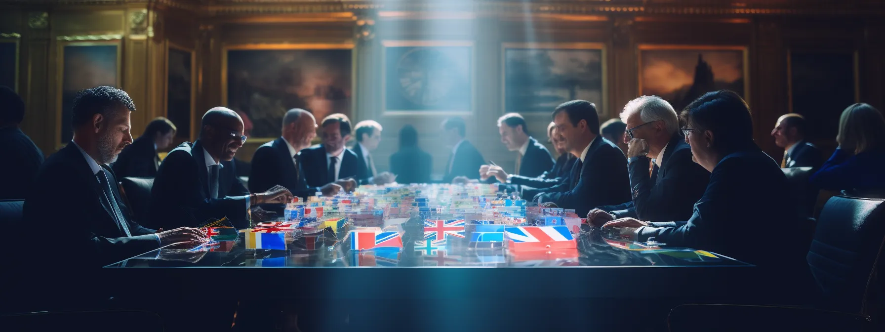 arbitrators strategize amidst a swirling mosaic of global flags and geopolitical maps.