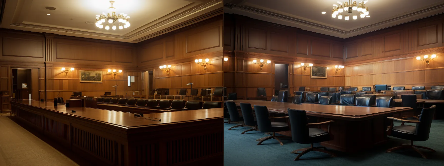 two courtrooms with different approaches to the act of state doctrine, one applying it strictly and the other challenging state actions, symbolizing the varying outcomes of international legal disputes.