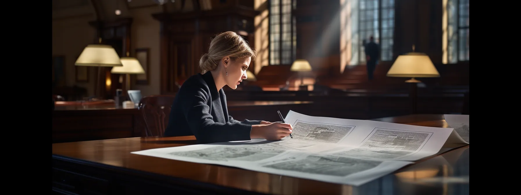 a person studying a complex legal document and maps representing different legal systems.