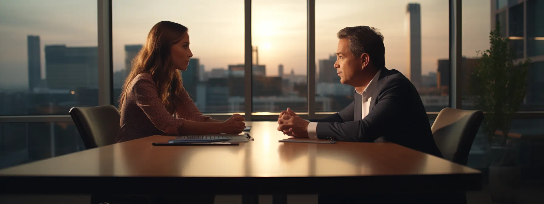 two individuals sitting across from each other at a conference table during a mediation session.