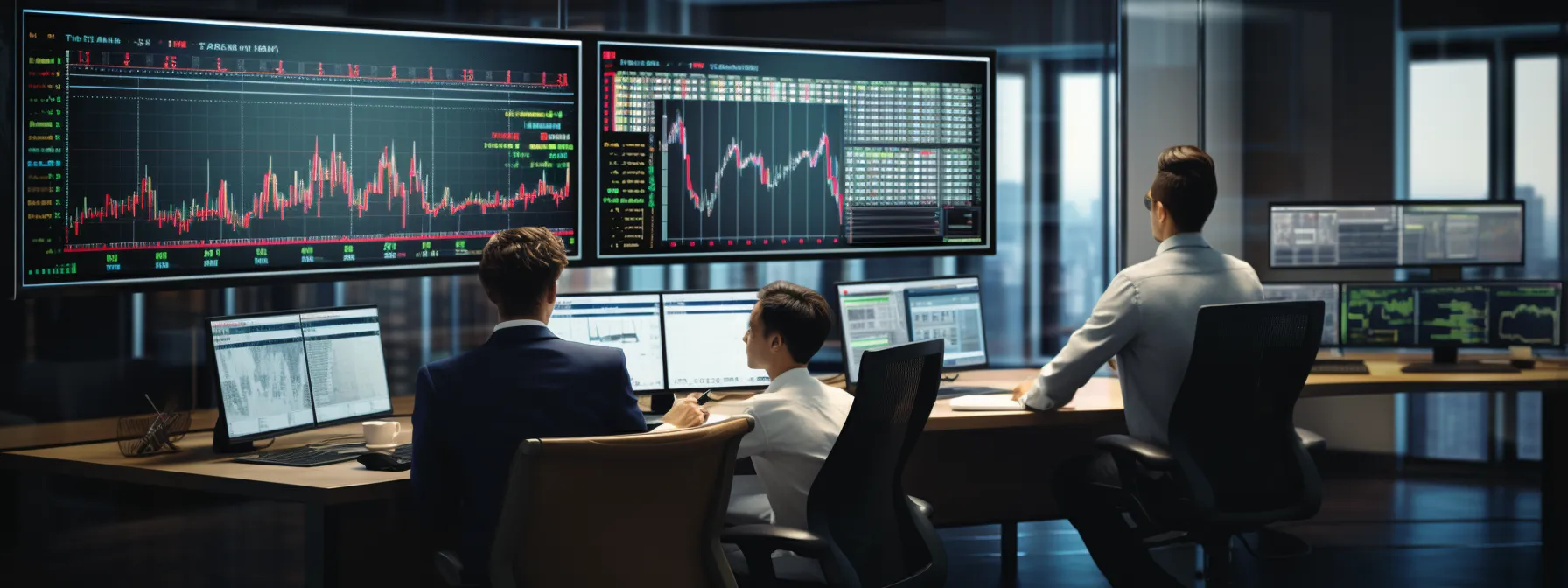 a group of people monitoring oil market data on multiple screens in a control room.
