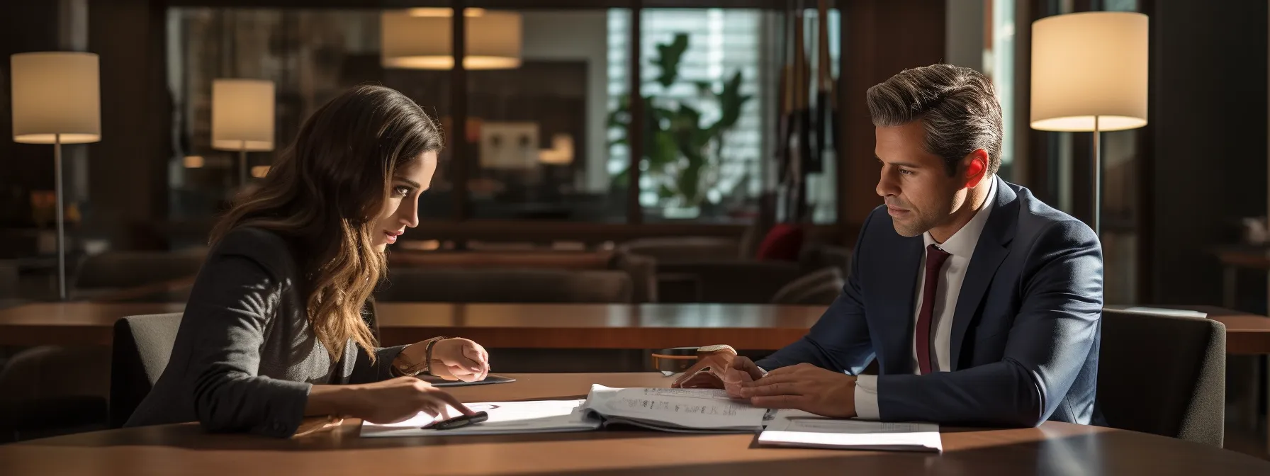 two individuals sitting at a table with documents, engaging in a discussion to resolve financial conflicts through arbitration.