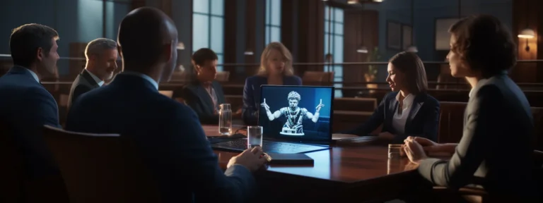 people participating in a virtual arbitration hearing using technology in a global setting.
