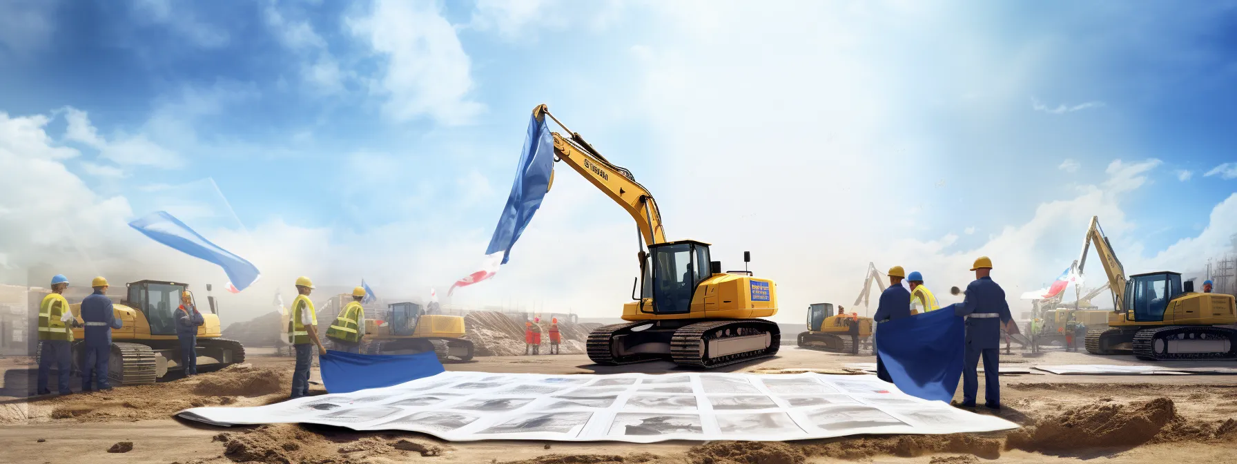 a construction site with workers and machinery surrounded by legal documents and international flags, symbolizing the interplay of construction investments and international investment law.