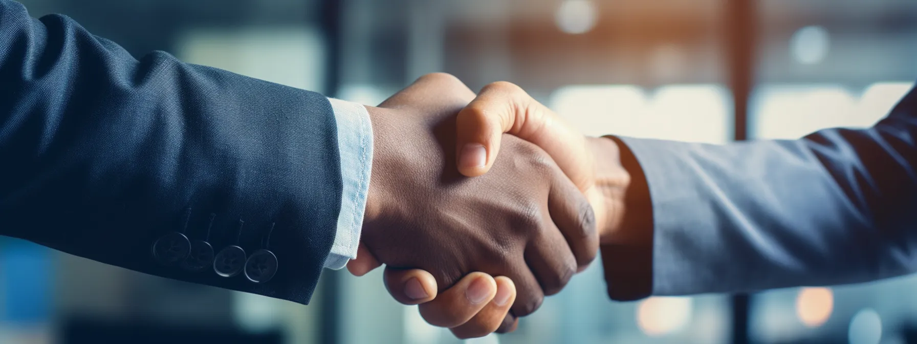 two business professionals shake hands and smile, signifying their commitment and agreement to work together towards a common goal.