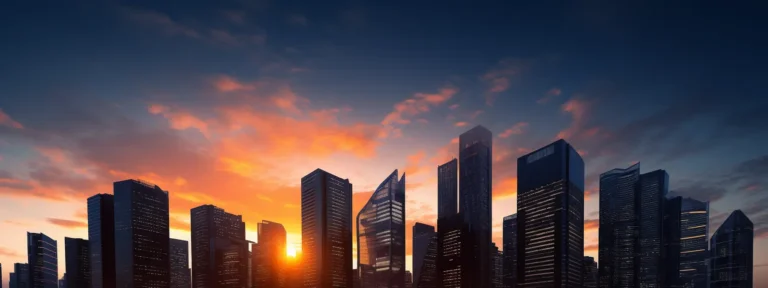silhouettes of skyscrapers against a sunset sky, symbolizing global investment and growth.