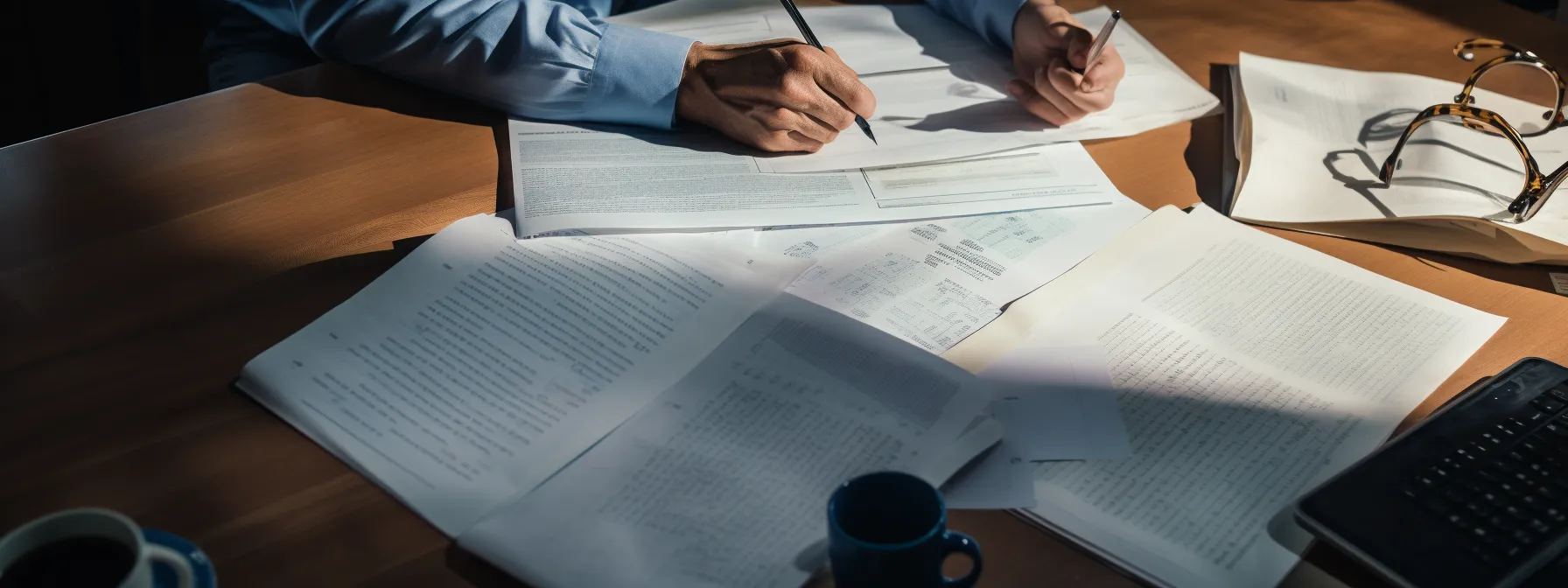 a person studying and comparing business contracts and agreements, with documents spread out on a table.