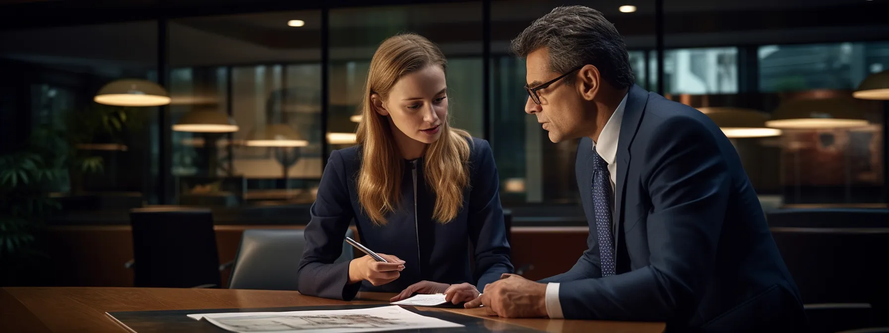 two lawyers engaged in a serious conversation, with one pointing at a document on the table while the other listens attentively.