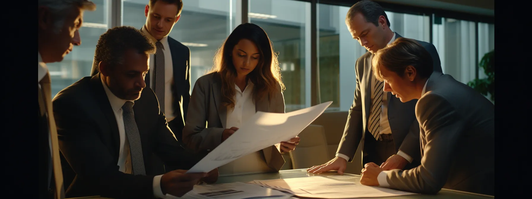 a group of business professionals in a conference room, examining documents and discussing financial data pertaining to mergers and acquisitions.