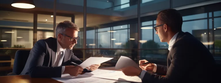 two professionals discussing financial dispute resolution, surrounded by legal documents and charts.