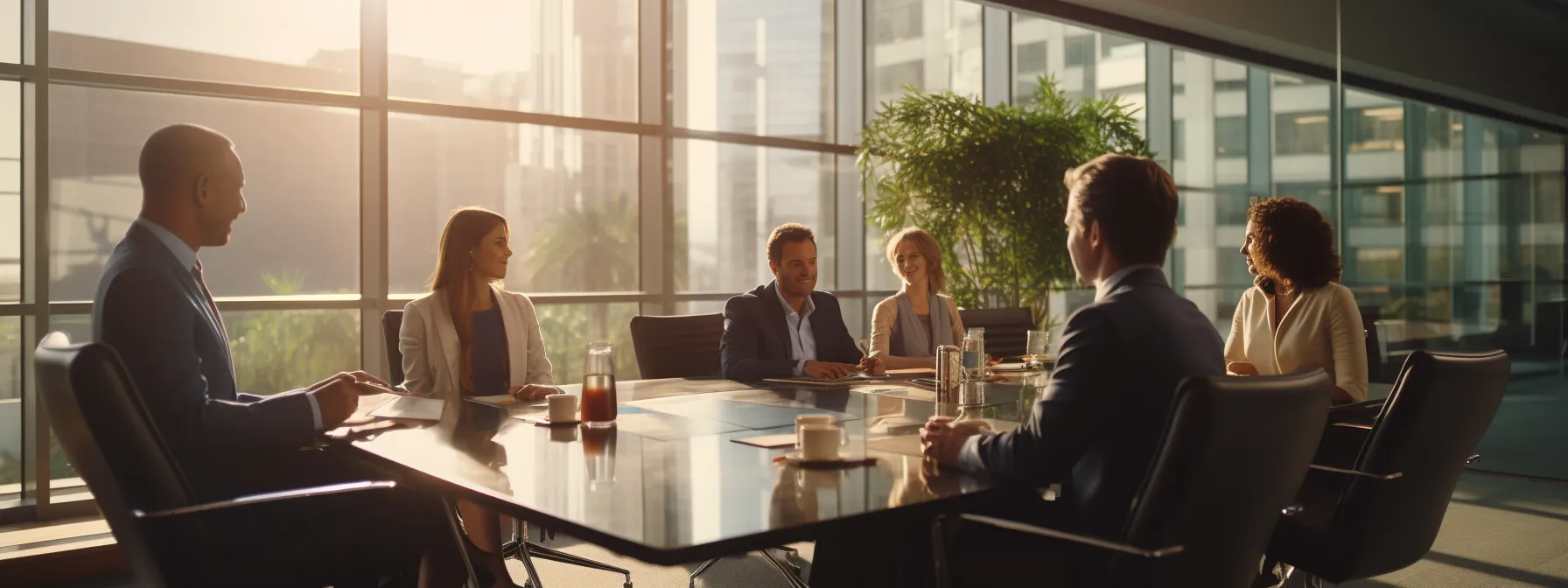 a group of business executives discussing different types of mergers and acquisitions in a modern boardroom.