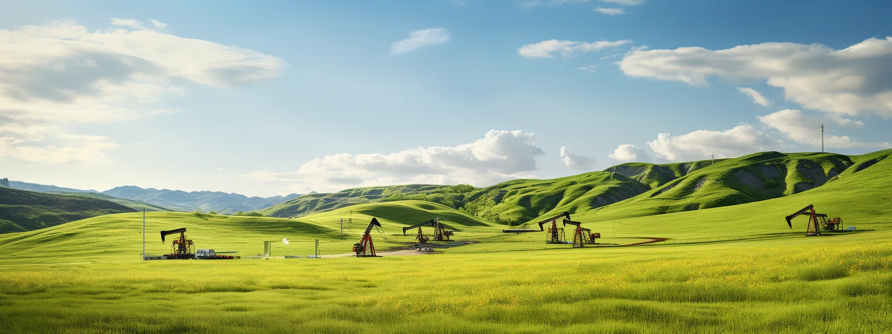 a panoramic view of oil rigs set against a backdrop of green hills and blue skies, symbolizing the evolving dynamics between traditional oil production and renewable energy sources in the international petroleum industry.
