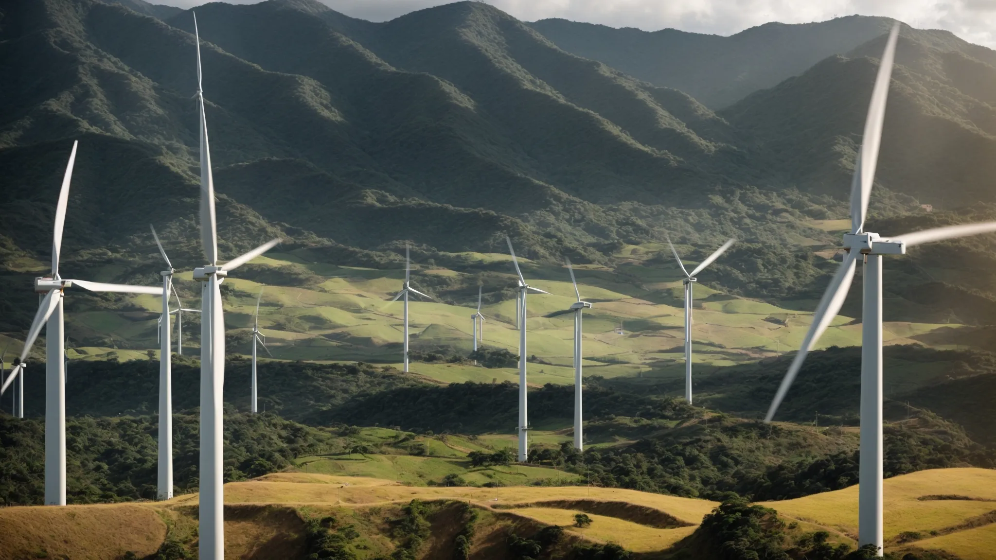 wind turbines dominate the skyline against the backdrop of rugged honduran terrain, symbolizing the country's commitment to renewable energy investments.