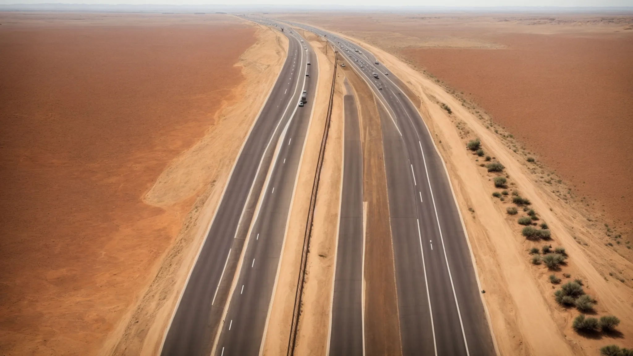 a wide highway with multiple lanes facilitating smooth traffic flow across expansive, arid african landscapes.