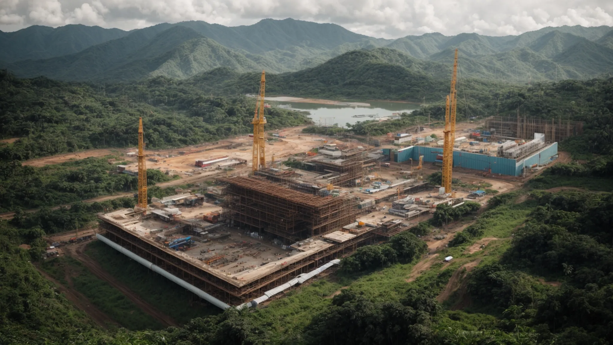 an expansive construction site in honduras with large cranes and modern structures mid-assembly, against a backdrop of lush greenery.