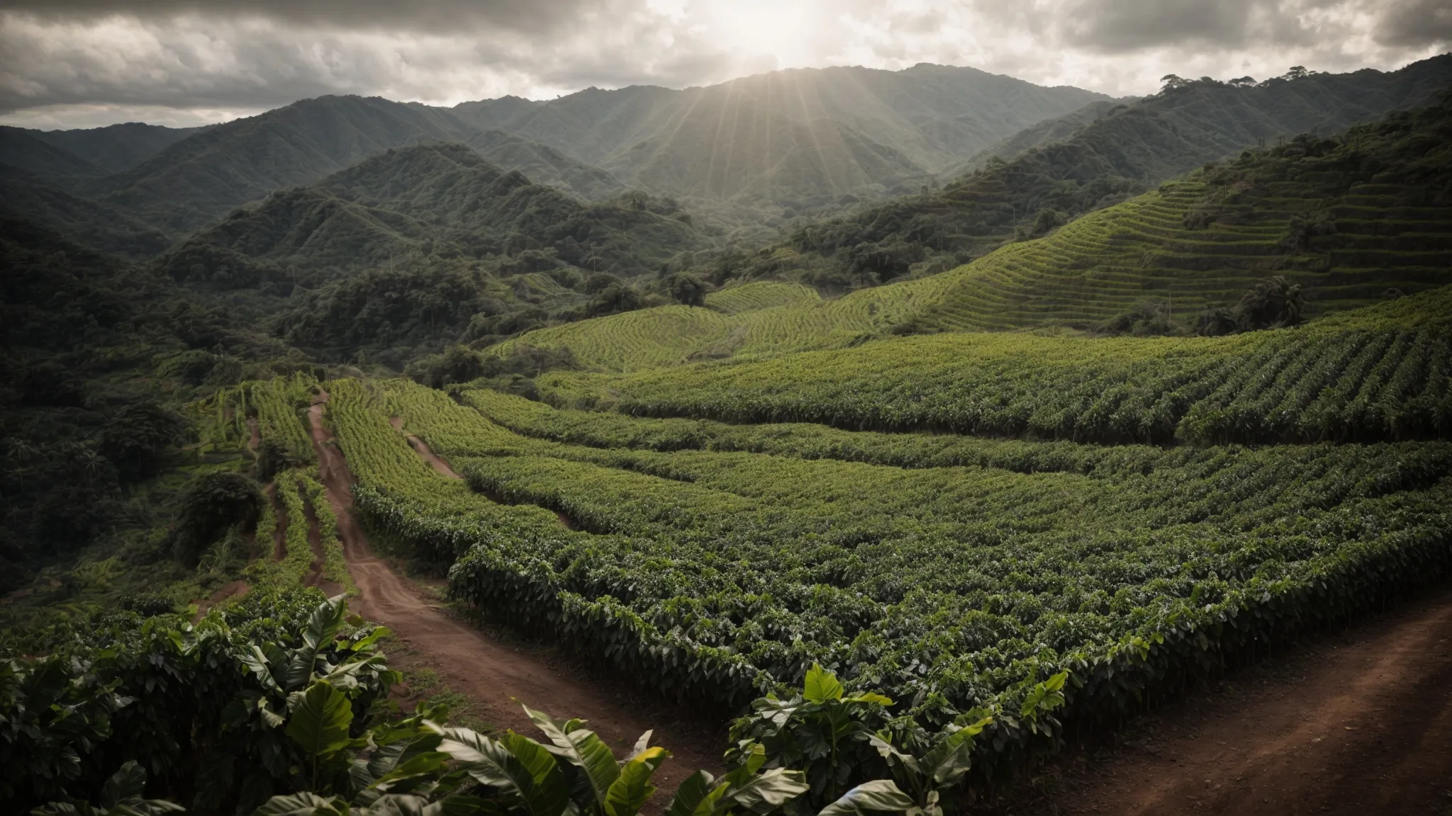 a sprawling honduran coffee plantation with modern irrigation systems, under the tropical sun, illustrates the growth of agribusiness fueled by international investment.