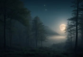 a bright full moon shines over a tranquil forest clearing.
