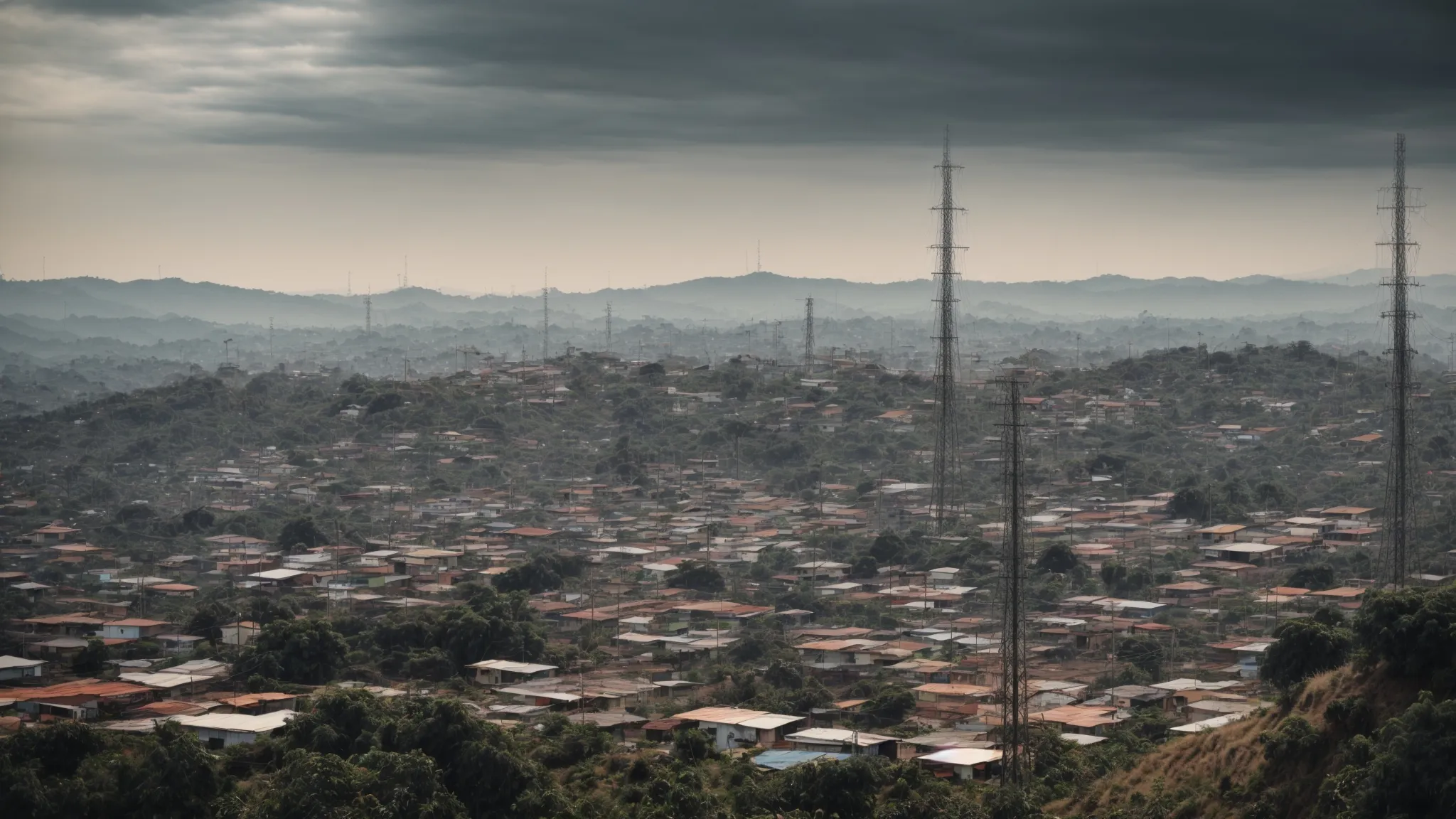 a horizon lined with modern telecommunication towers overlooking a bustling honduran cityscape, symbolizing technological growth.