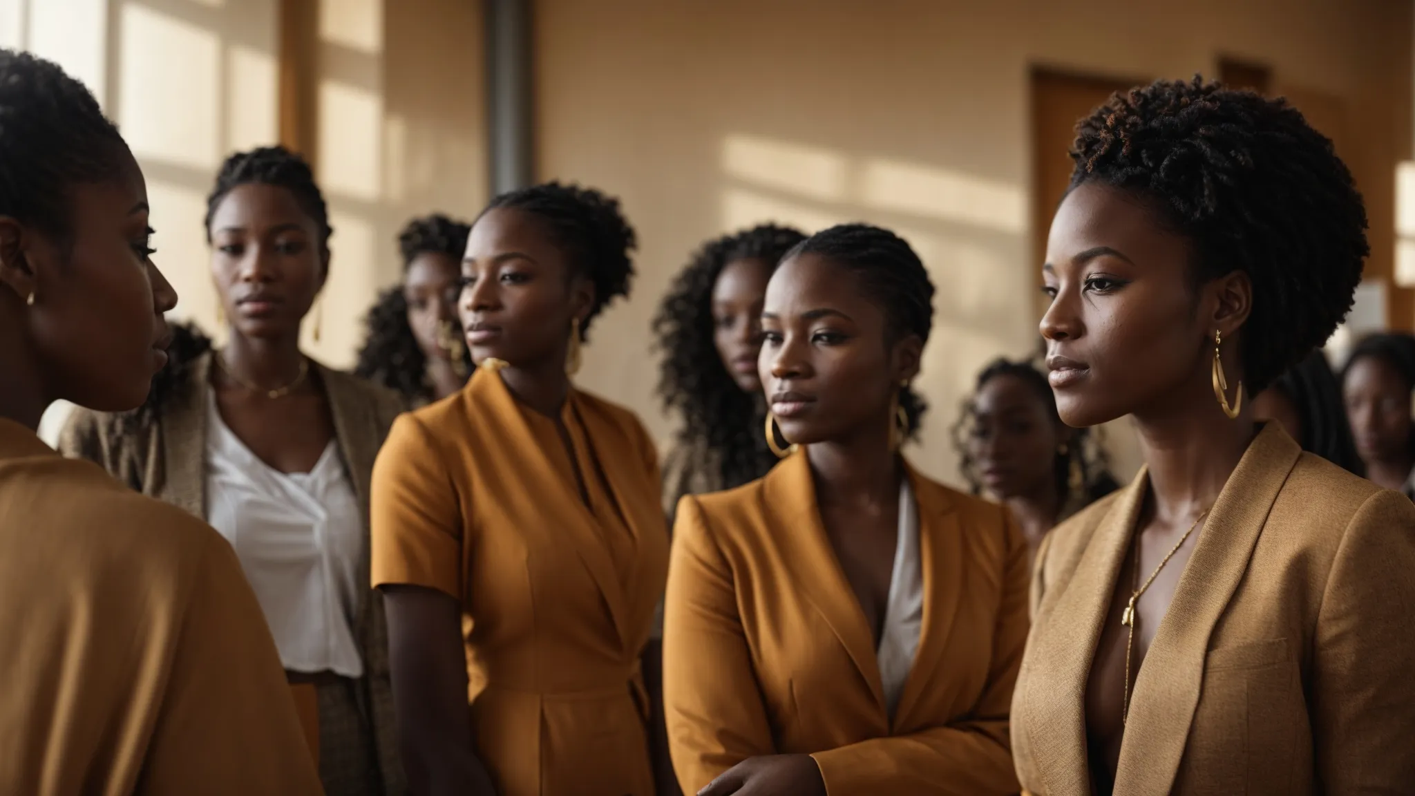 a diverse group of african women and young entrepreneurs stand in a sunlit conference hall, discussing over a model setup representing trade networks.