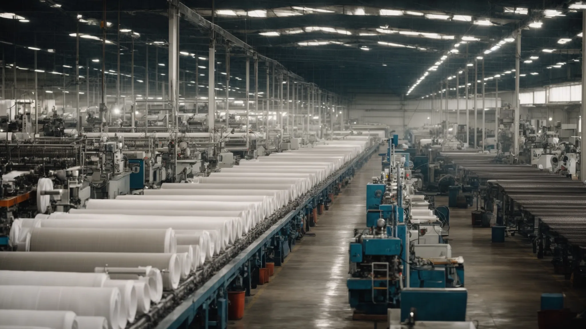 an expansive textile factory floor in honduras with rows of modern machinery and bustling activity.