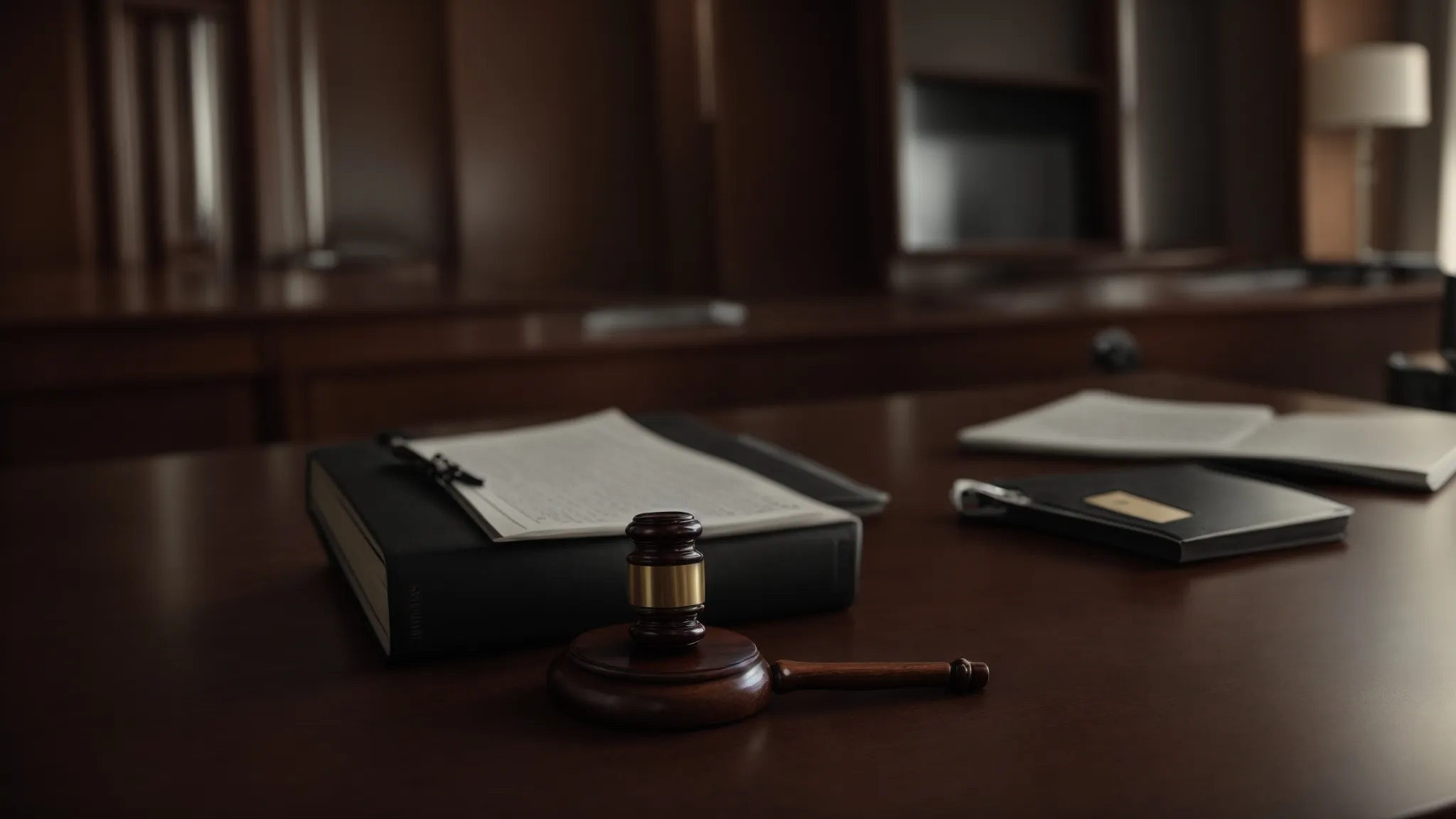 a gavel resting on a table in a subdued, formal arbitration room.