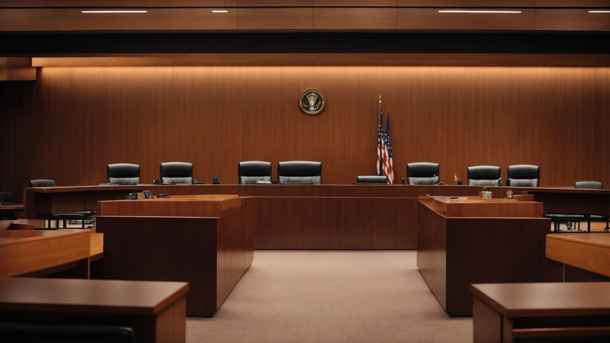a wide-angle shot of a modern arbitration courtroom with an empty judge's bench, tribunal desks, and flagpoles without flags.