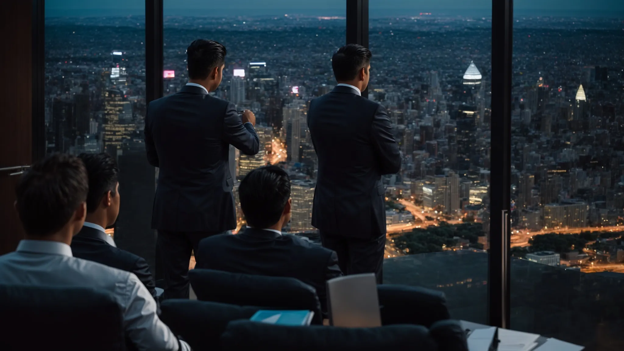 Group of business professionals in suits observing city skyline at dusk, reflecting on investment strategies and accountability in international trade.