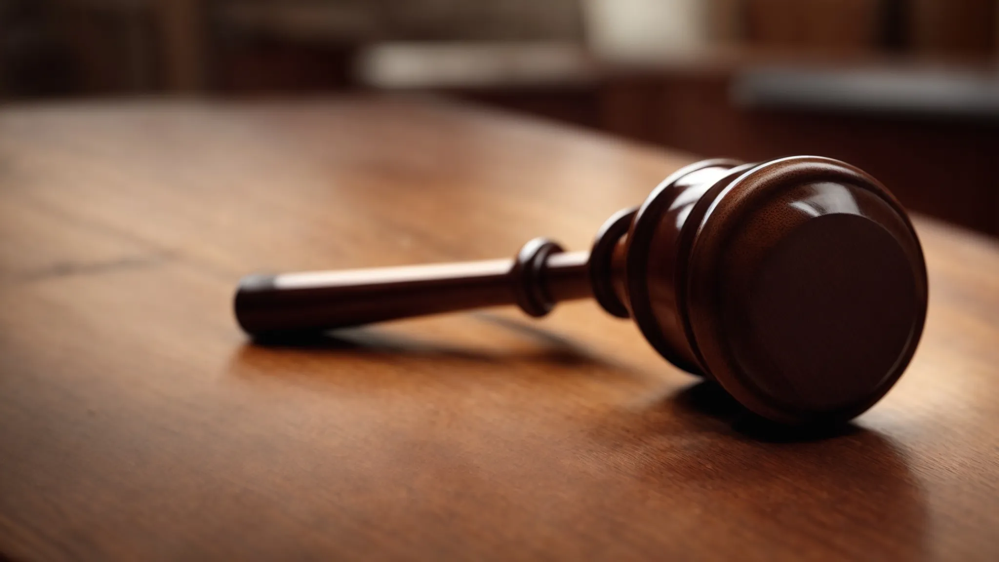a solitary gavel lies on a wooden table, symbolizing the legal judgement in an empty courtroom.